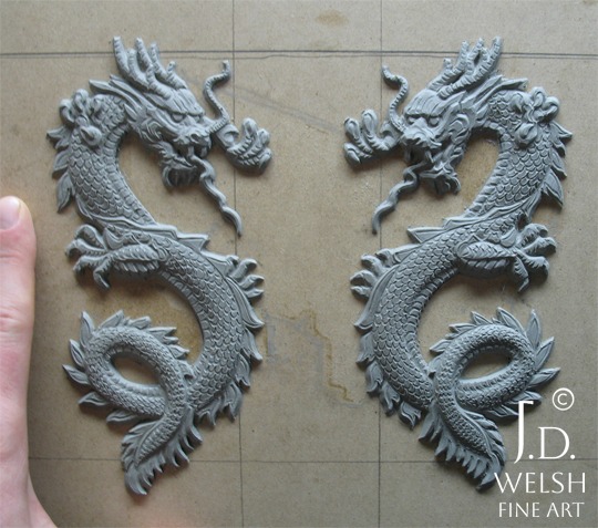 Book-matched Chinese Dragons - clay sculptures - Jeremiah D Welsh