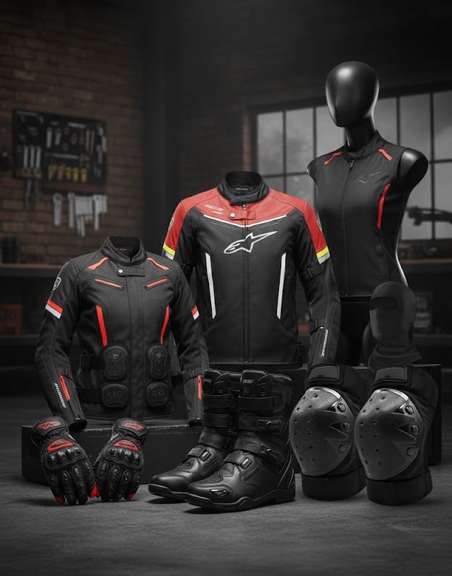 Accesorios de protección para moto, incluyendo rodilleras, guantes y chaqueta con protecciones