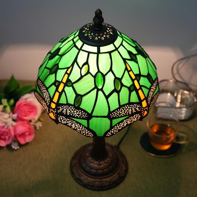 Tiffany Lamp Green Dragonfly Stained Glass Table Lamp 8X8X14 Inches