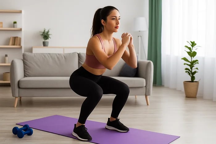 a woman in a sports bra top doing squat squats