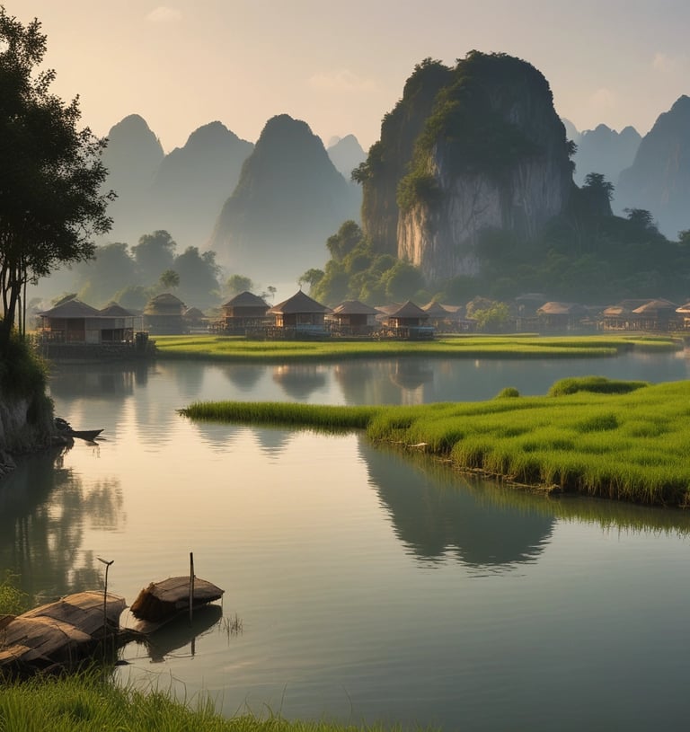 a boat is sitting on the water near a mountain; the Asia guide