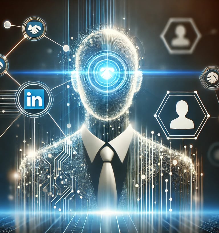Futuristic AI assistant designed for professional networking and career growth, with LinkedIn and user profile icons.