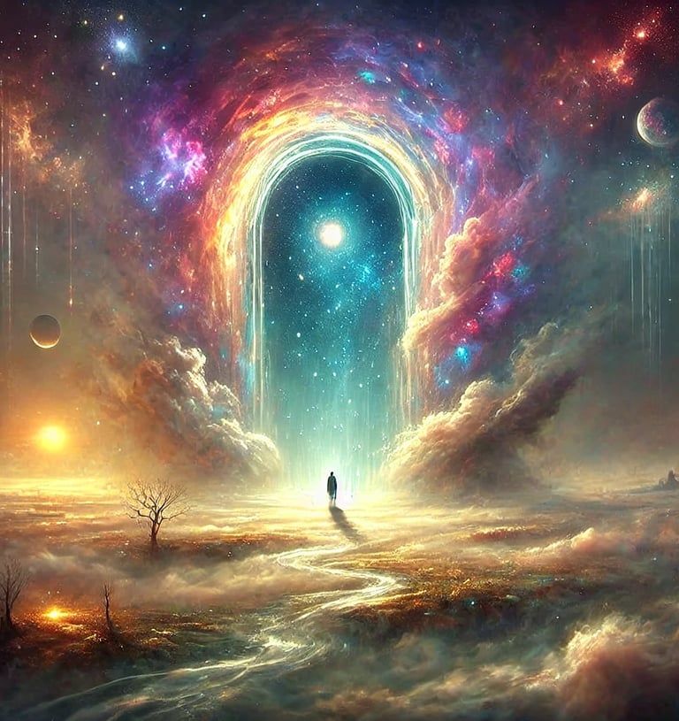 Surreal scene with glowing celestial doorway in a misty, ethereal landscape, evoking mystery and cosmic wonder.