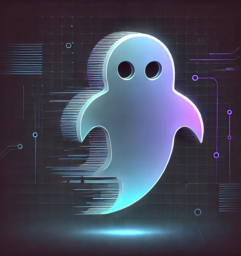 Futuristic ghost icon with glowing edges and digital glitch effects, representing AI-powered writing or automation.