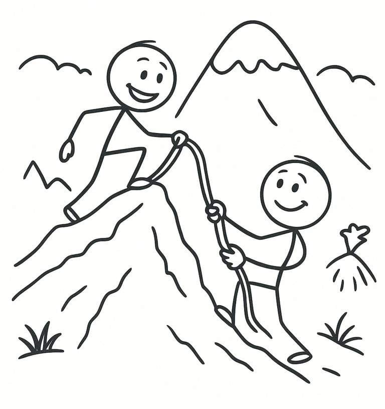 Stick figure mountain climbers helping each other reach the summit with a rope for team success.