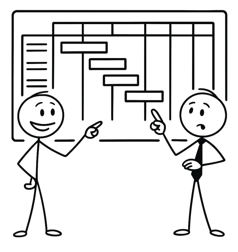 Stick figure businessmen discussing a project management Gantt chart on a whiteboard for timeline planning.