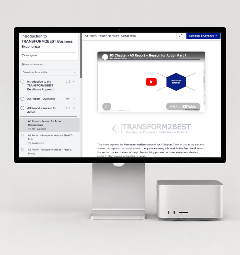 A desktop computer displaying an online business excellence training course on A3 reports.