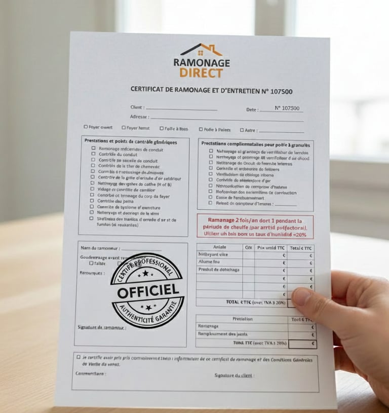 Image d'un Certificat de Ramonage officiel Ramonage Direct, prouvant la conformité légale