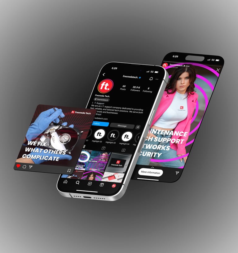 Telefone com telas de redes sociais abertas exibindo identidade visual e design profissional.