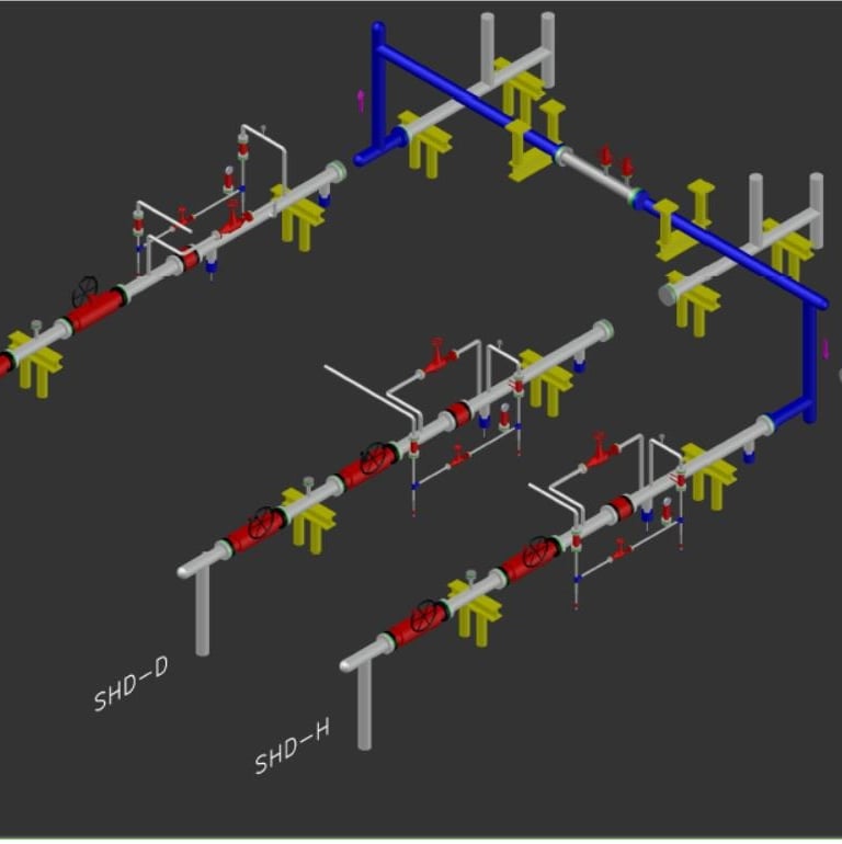 A detailed 3D technical CAD model showing industrial piping systems with valves and structural supports.
