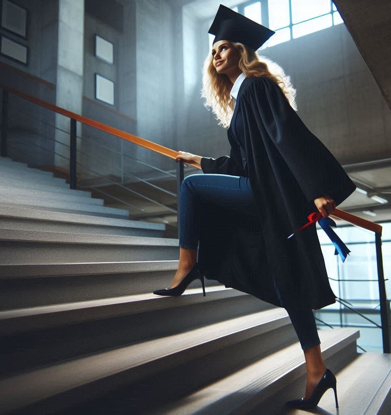 young female graduate climbing the stairway to professional success
