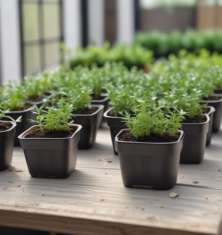 a table with several rare herbs plants in pots