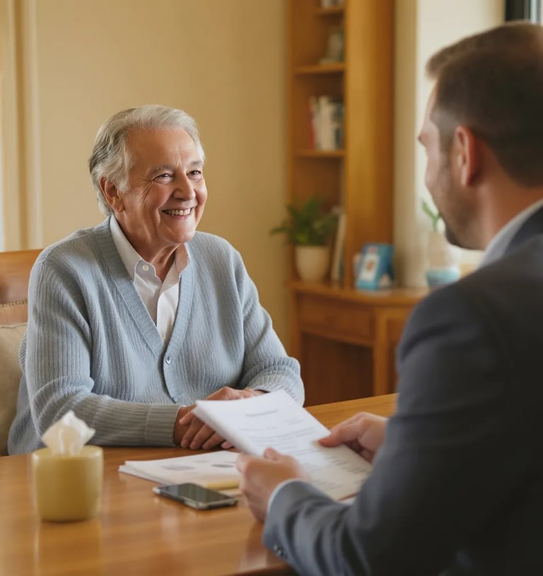 A warm and reassuring photo of a senior safely donating or interacting with a charity representative.