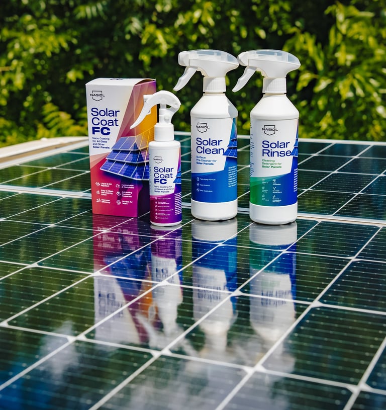 solar panel with 3 white, purple and blue spray bottles, and a box set on top of it