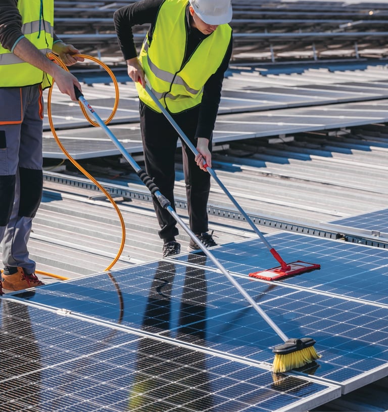 two men standing on a roof using mops to clean solar panels
