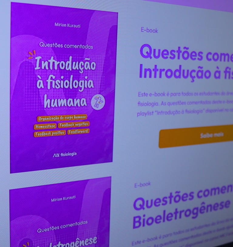 Foto do site MK Fisiologia dando destaque a página com os e-books com questões comentadas