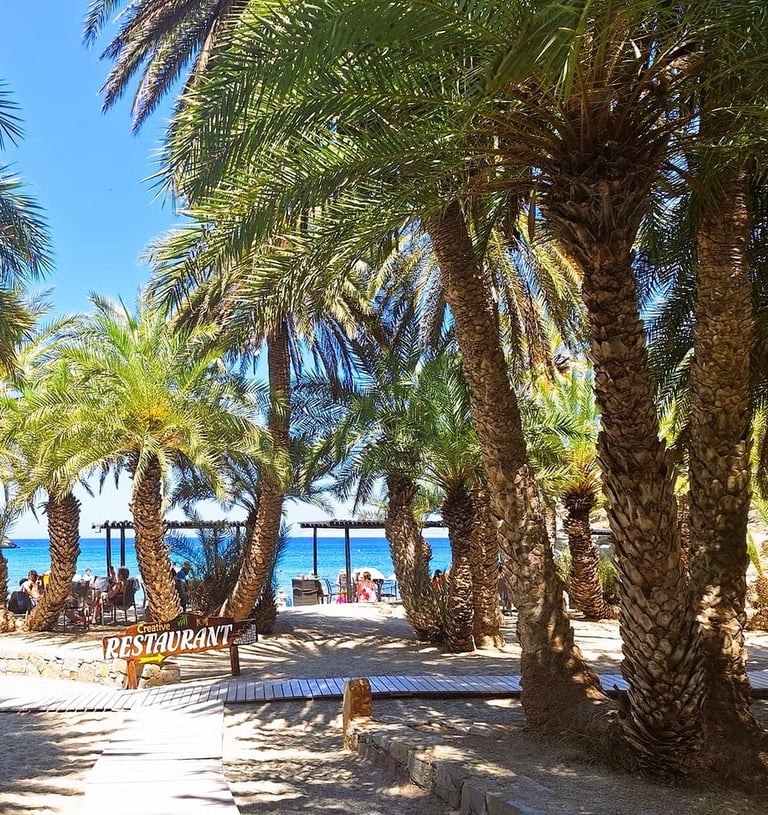 Vai Beach with palm trees and blue sea