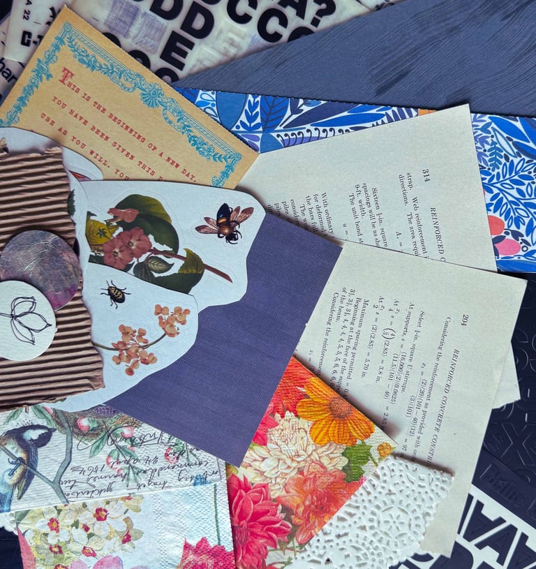 A collection of book pages, paper, doily, texture paper, inspirational quote, napkins, and transfer