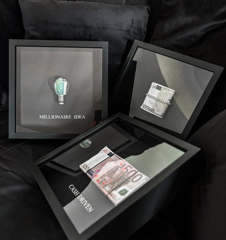 a frame of money and a frame with lightbulb for motivation
