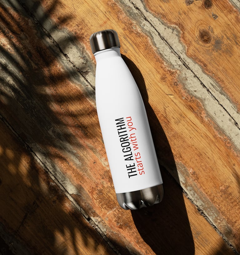 Stainless steel bottle with AI-inspired mindful living design from The Prompted Life.