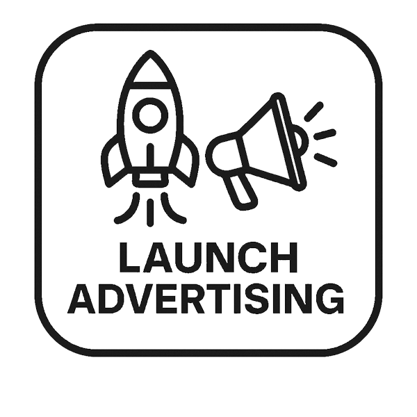 Icon symbolizing launch advertising, with a megaphone and digital elements in red, black, and yellow corporate design.