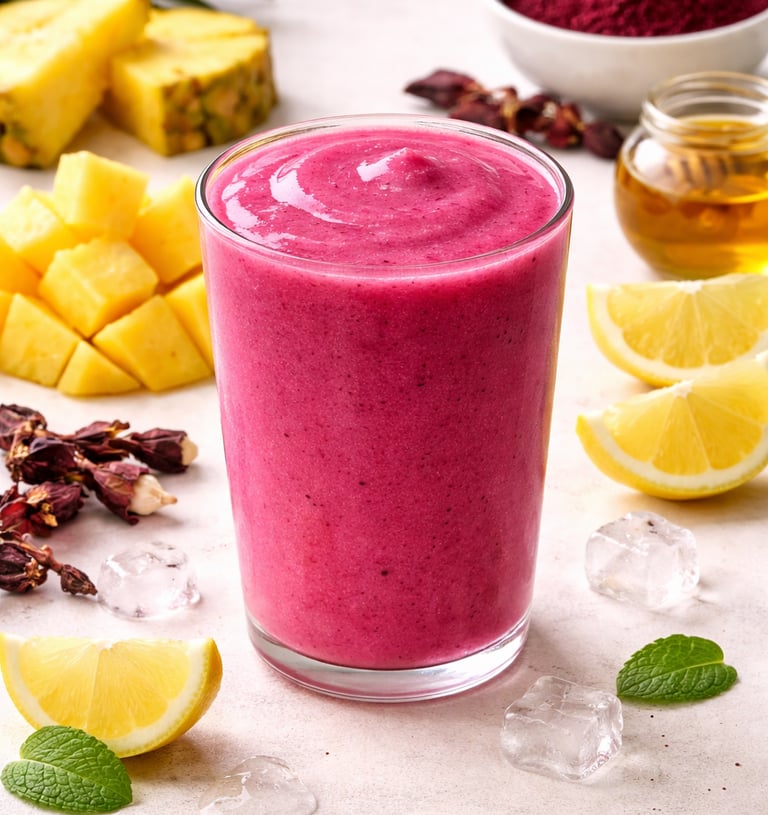 Vibrant pineapple bissap flower smoothie in a glass with pineapple, lemon, and honey ingredients.