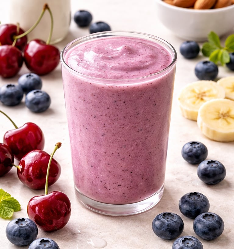 Fresh berry smoothie in a glass surrounded by blueberries, cherries, banana slices, and almonds.