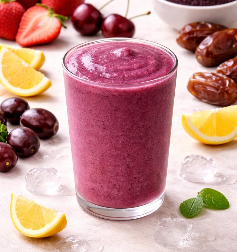 Purple acai berry smoothie in a glass surrounded by fresh strawberries, cherries, and dates.