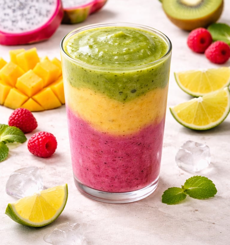 Layered tropical fruit smoothie with dragon fruit, mango, and kiwi layers served with fresh ingredients.