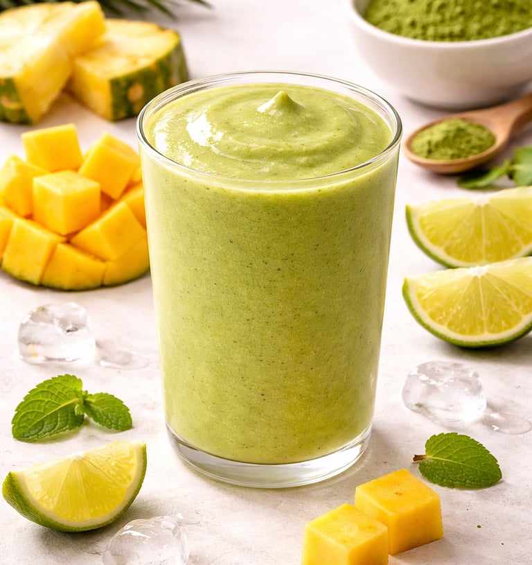 Refreshing green matcha smoothie in a glass with fresh mango, pineapple, and lime ingredients.