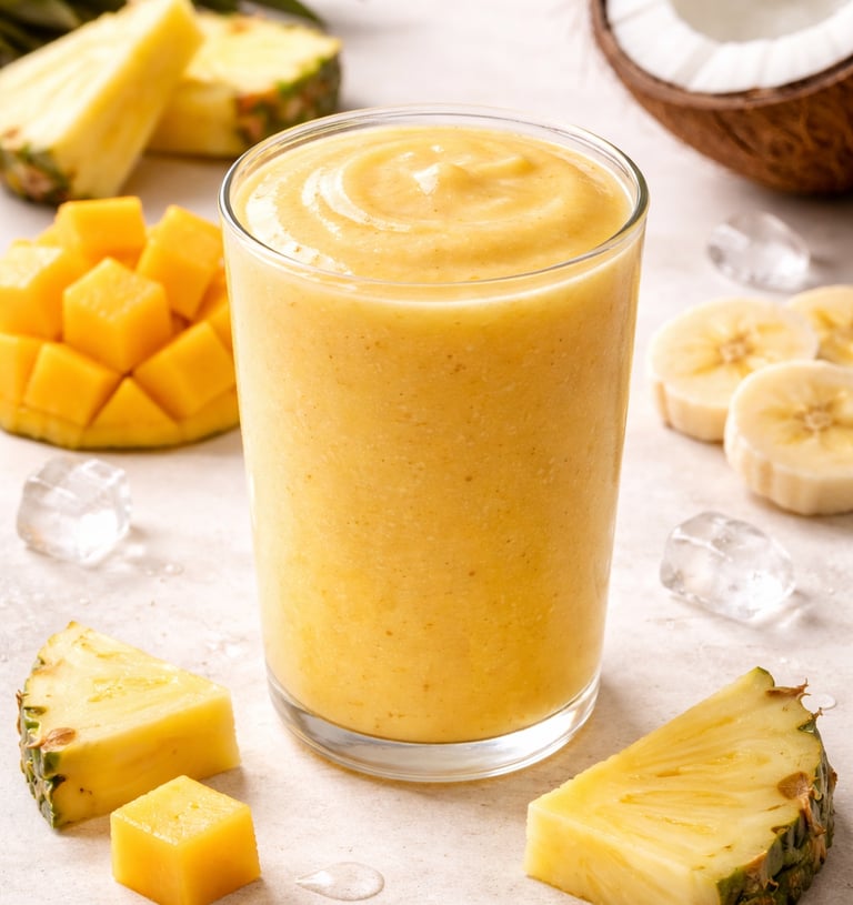 Tropical yellow mango pineapple smoothie in a glass with fresh fruit slices and coconut.