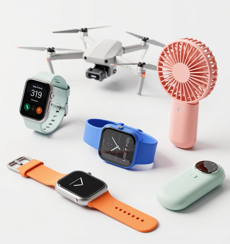 Sleek modern electronics including headphones, a tablet, and a smart speaker on a wooden desk