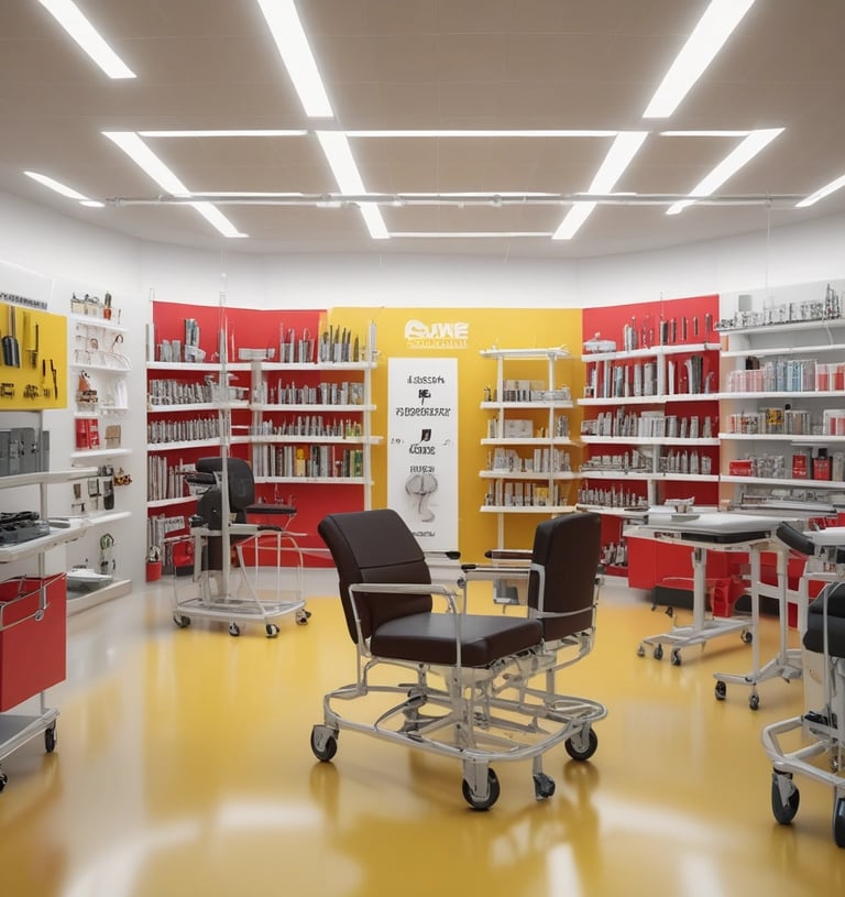 Image of rehabilitation equipment including walkers and therapy bands.