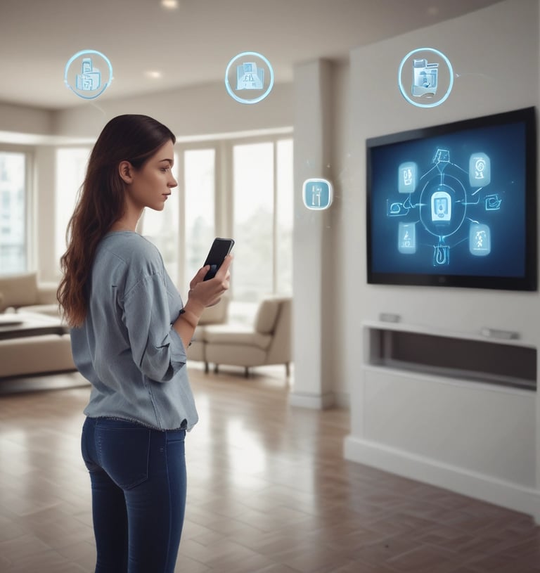 a woman standing in a living room with a cell  control led phone