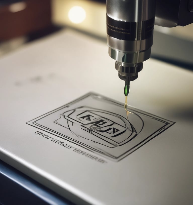 A stack of matte black metal business cards with crisp, precise engraving resting on a wooden desk
