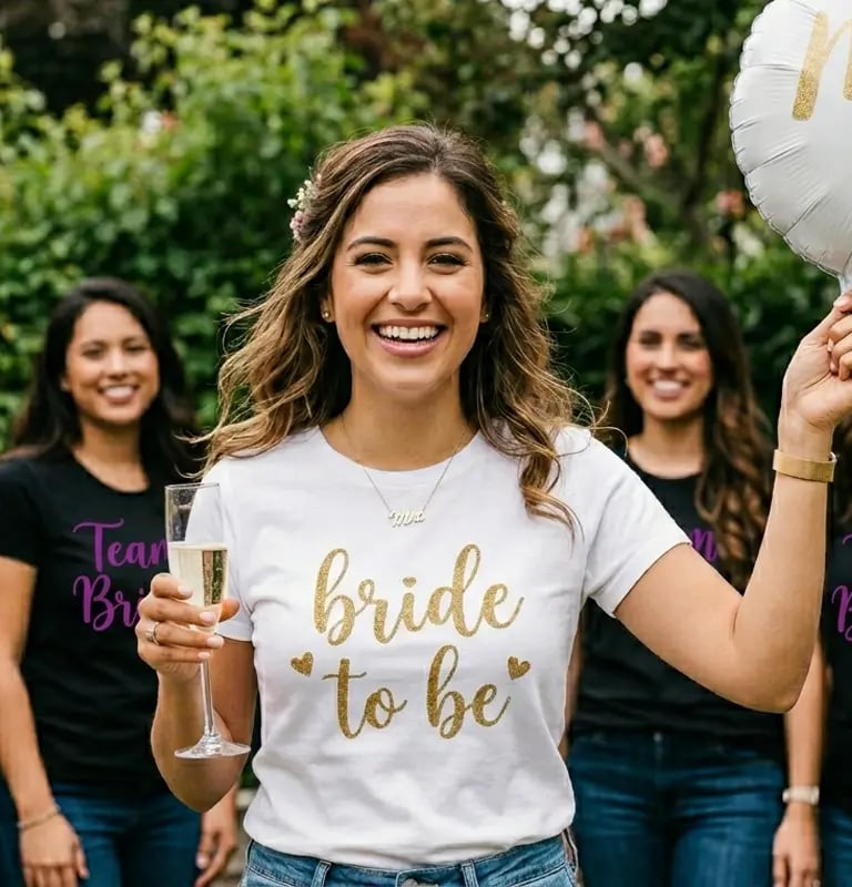Próxima novia con playera personalizada en su despedida de soltera