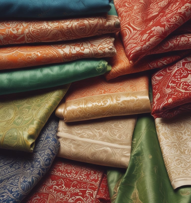 A vibrant unstitched kamiz fabric with traditional patterns laid out on a wooden table.