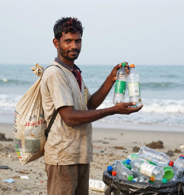 A man collecting plastic bottles for recycling on a sandy beach to reduce ocean pollution.