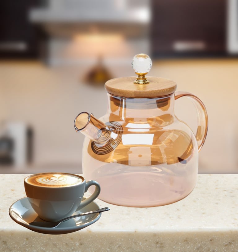 haleira de vidro rosé com tampa dourada ao lado de xícara de café em bancada iluminada.