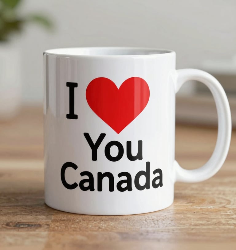 A white ceramic mug with a striking red maple leaf print and festive pattern