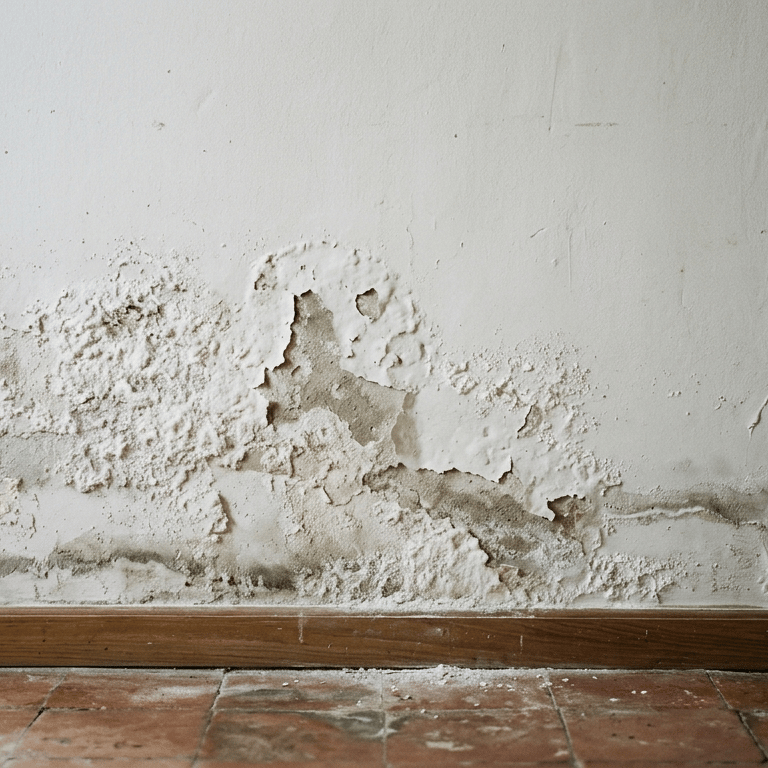 Salitre y restos blanquecinos en pared con humedad por capilaridad