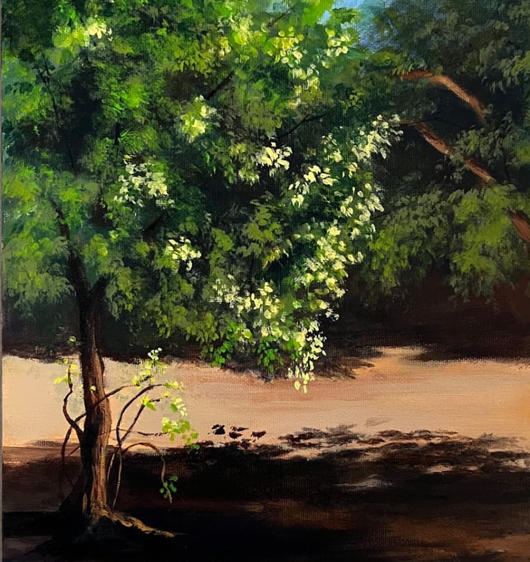 Sunlight filters through foliage creating dappled shadows on a path. Shade-An Invitation, original painting by Geeta Arya.