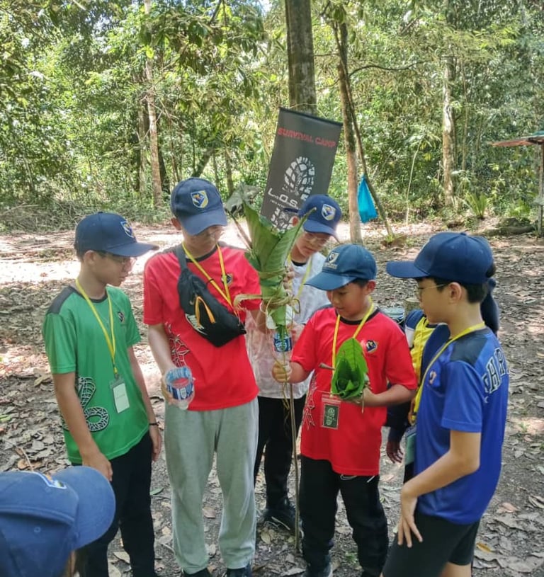a group of children doing jungle survival tasks
