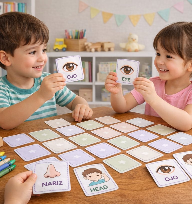 Niños jugando un memorama educativo bilingüe para aprender las partes del cuerpo en inglés