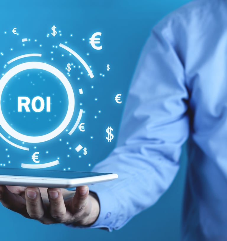 Businessman holding a tablet with a digital ROI interface showing currency symbols for return on investment.