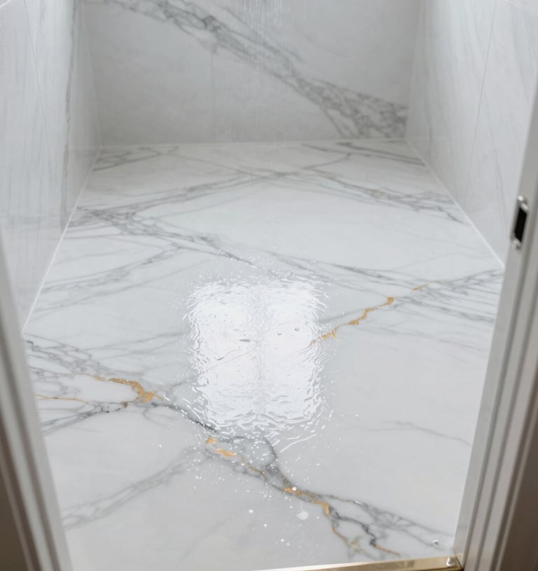 Freshly installed decorative epoxy resin floor with marble-effect finish, showing wet gloss & light