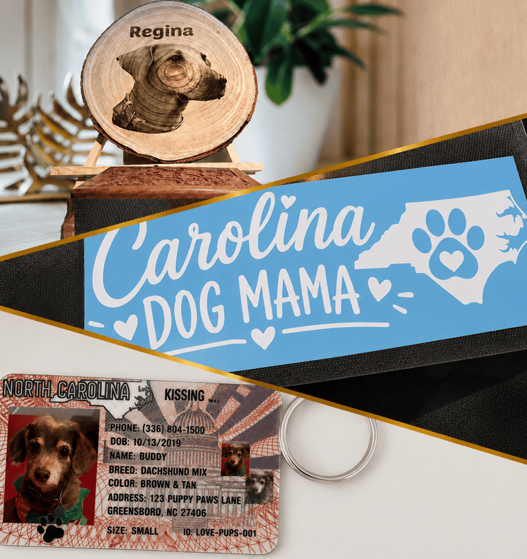 Custom pet memorial wood slice, Carolina Dog Mama decal, and North Carolina dog ID tag for pets.