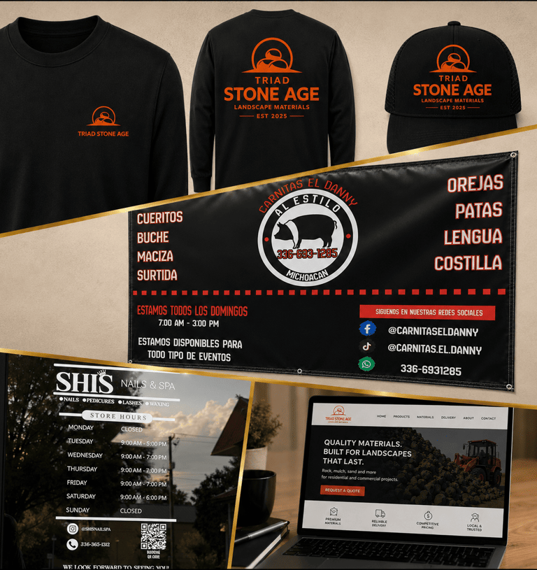 Business branding showcase featuring custom work shirts, storefront window vinyl, printed banner, and website design. Spanish