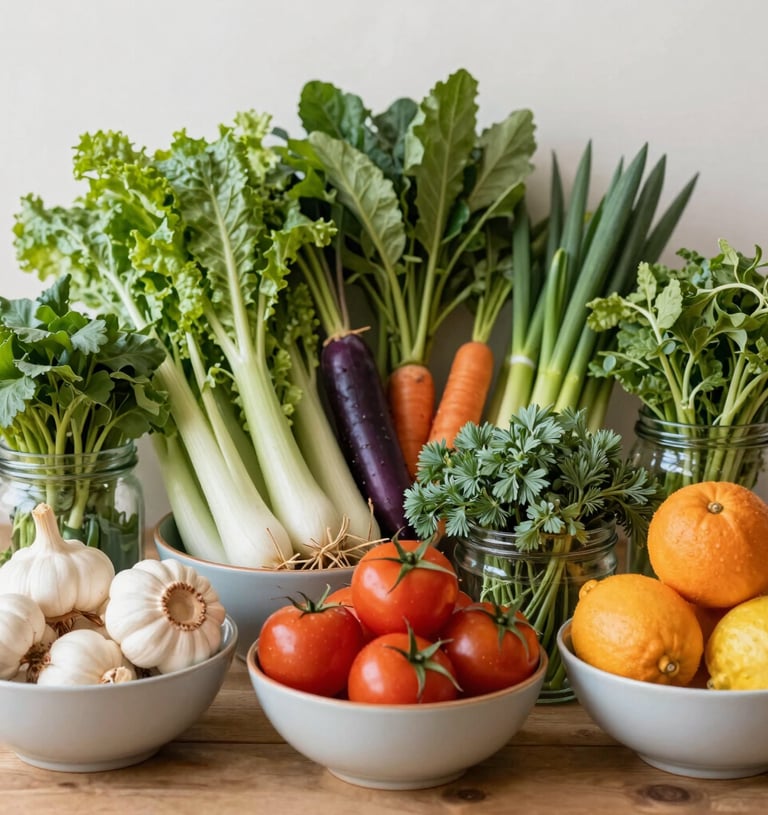 Fresh organic herbs and powders arranged neatly in bowls and jars