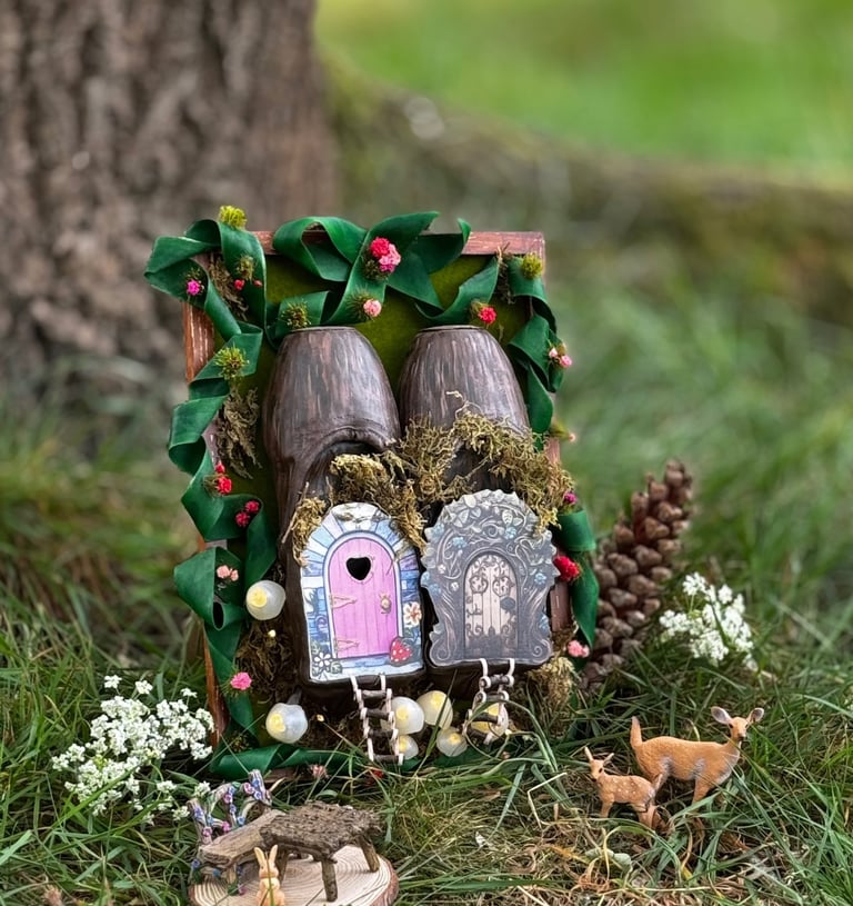 Bespoke framed pointe shoe art with enchanted forest theme